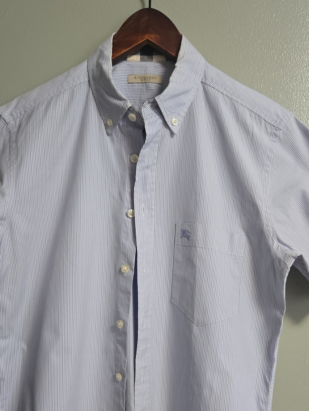 Authentic Burberry Brit Men's Short Sleeve Striped Button-Down Shirt Blue- SMALL